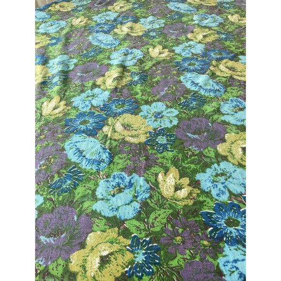 Vintage 60s curtain, large blue, green, purple flowers, floral single panel - Picture 3 of 10